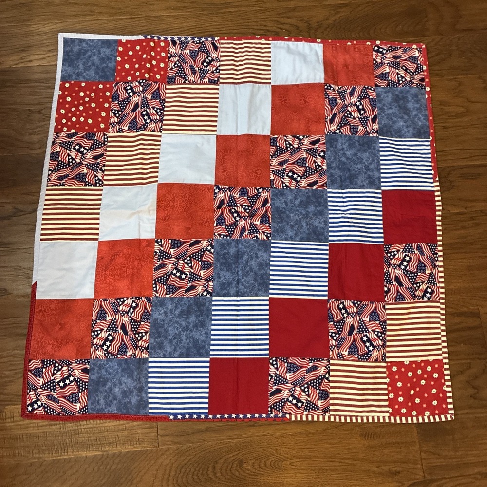 Patriotic Quilt, 40" X 40" Patchwork Red, White, Blue Flags Machine Sewn